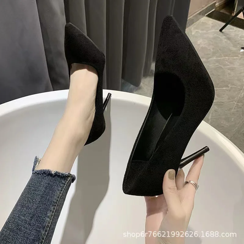 Breakj Breakj Large-Size High-Heeled Women 2025 Spring And Autumn New Black Fine Heel Pointed Light Mouth Velvet Professional Work Shoes