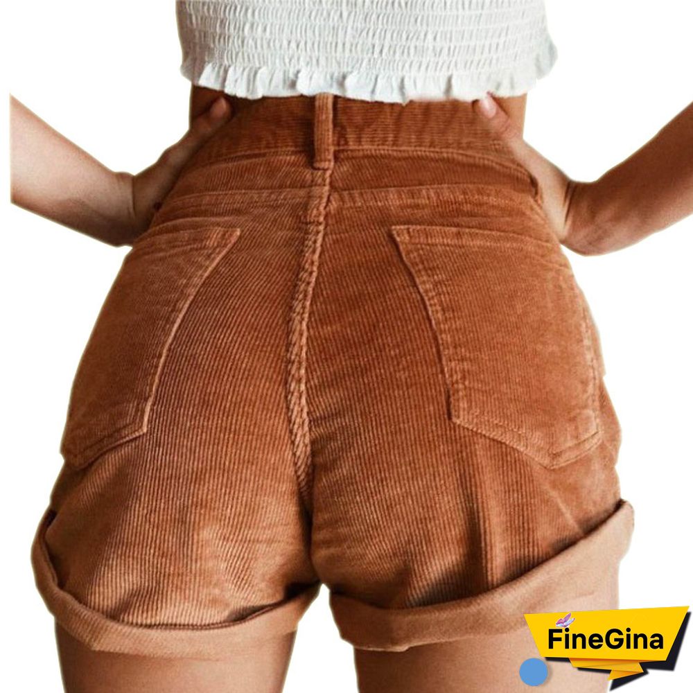 Women's Corduroy High Waist Curled Solid Color Loose Shorts