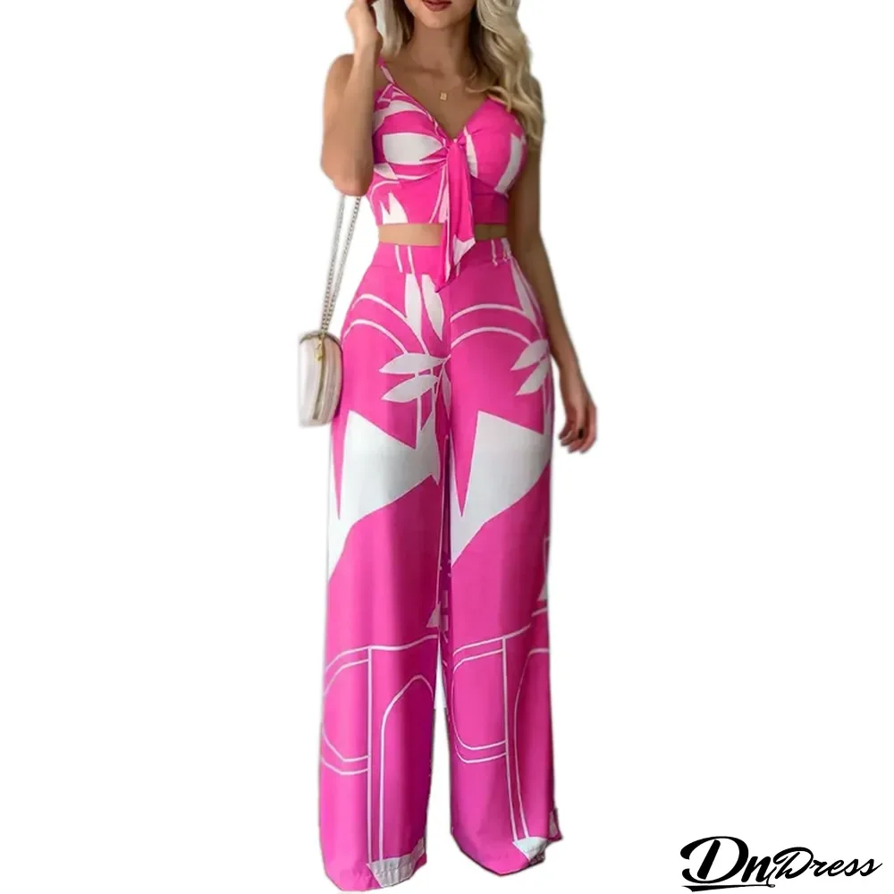 Women Summer Sexy Tube Top And Tie Loose Wide Leg Pants Print Two Piece Set