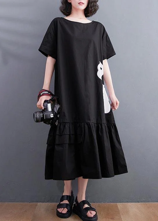 Art Black Floral asymmetrical design Maxi Summer Cotton Dress