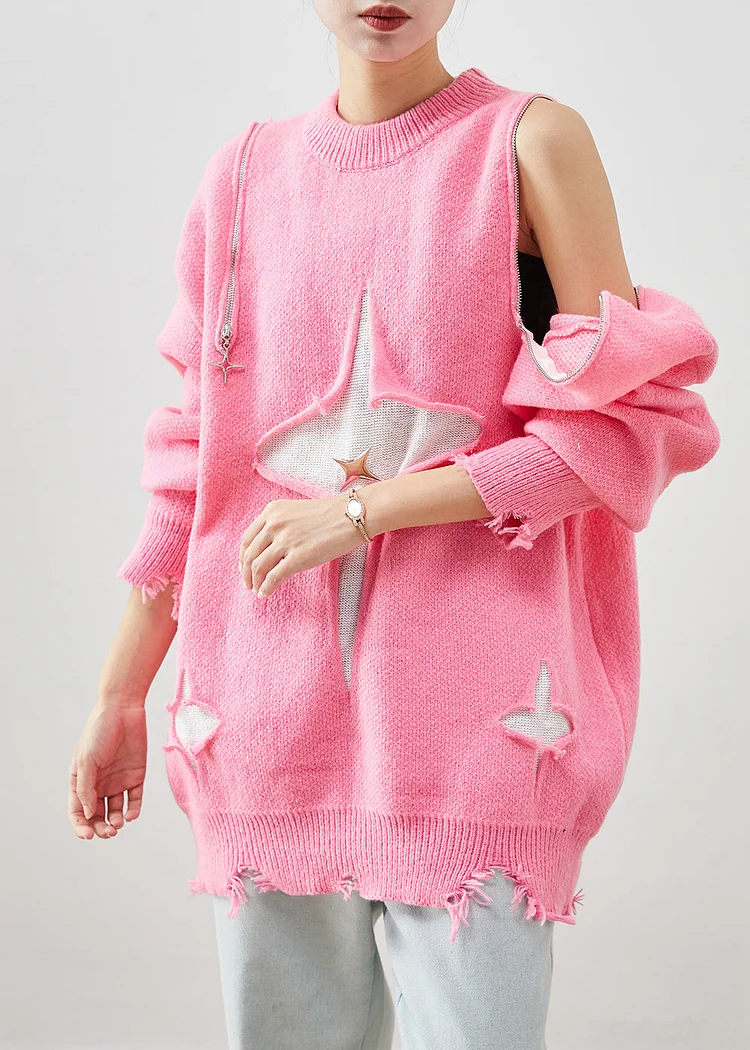 Pink Patchwork Knit Ripped Sweater Tops Cold Shoulder Winter
