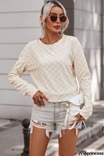 Checkered Round Neck Long Sleeve T-Shirt