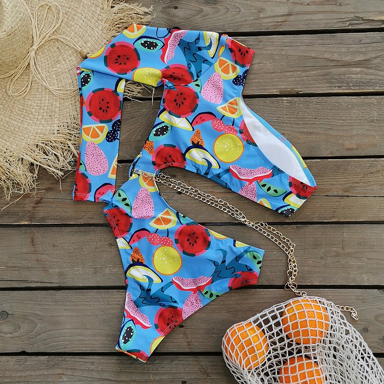 Flaxmaker Cutout One Shoulder Long Sleeve Printed Surfing One Piece Swimsuit