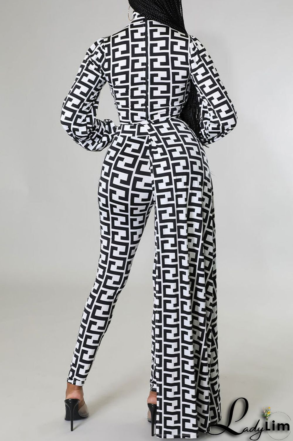 Black And White Casual Print Asymmetrical Half A Turtleneck Long Sleeve Two Pieces