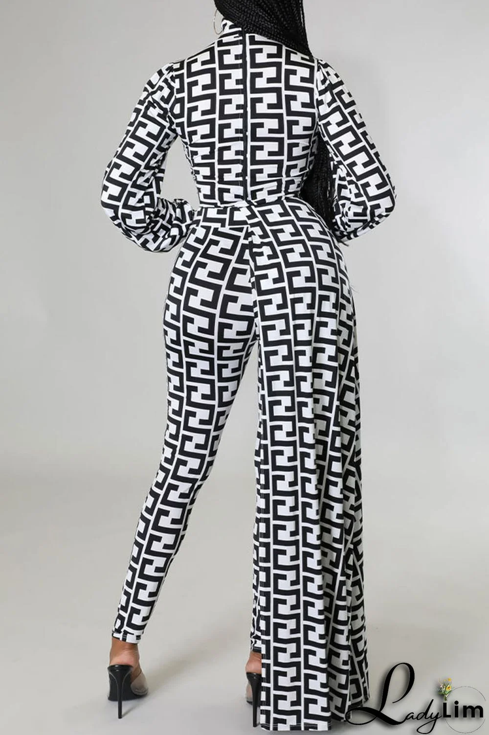 Black And White Casual Print Asymmetrical Half A Turtleneck Long Sleeve Two Pieces