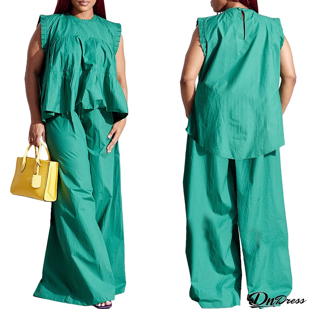 Stylish Casual Pleated Cuff Sleeveless Loose Two Piece Pants Set