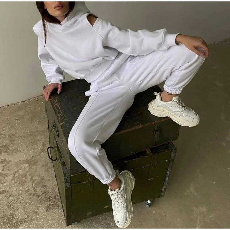 Brownm Brownm Women's Fall 2024 New Two-Piece Solid Color Hoodie Short Die Trouser Suit