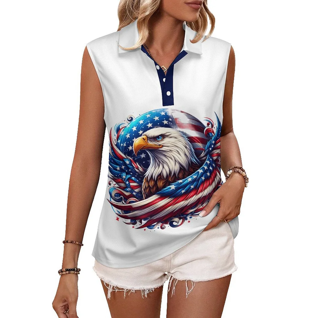 V-neck Sleeveless Casual POLO Shirt Tank Top for Women Printed with Pattern USA, Independence Day, Star, Striped, Blue, Red