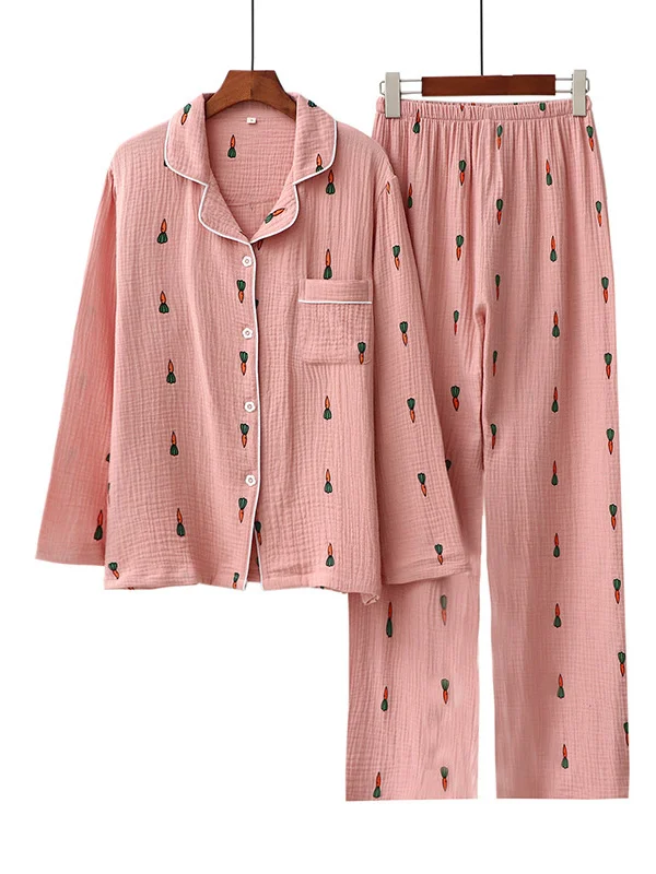 Carrot Print Long Sleeve Lapel Pajama Sets