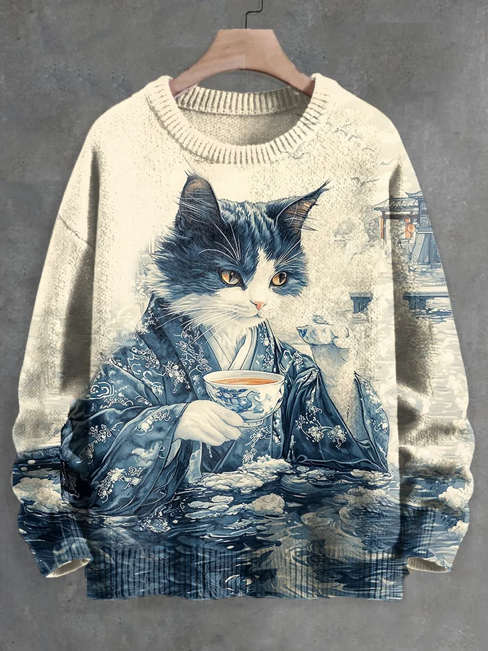 Men's Ukiyo-e Blue And White Porcelain Cat Drinking Tea Ink Painting Print Knit Sweatshirt