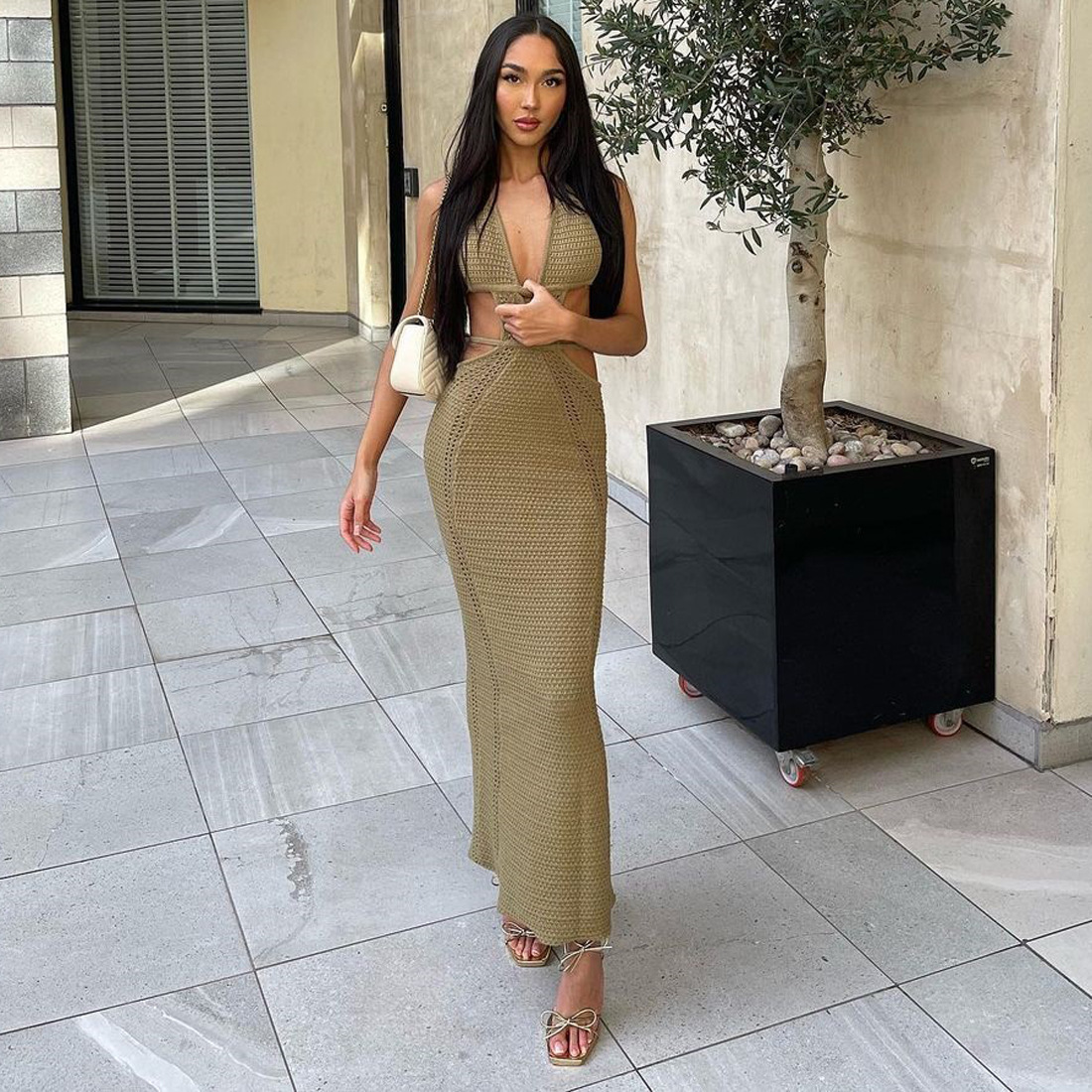 Ootddress Female Knit Lace-Up Maxi dress Backless Slim Fashion Beach Outfits Y2k Dress Hollow Out Bandage Knitwear Party Women Dress