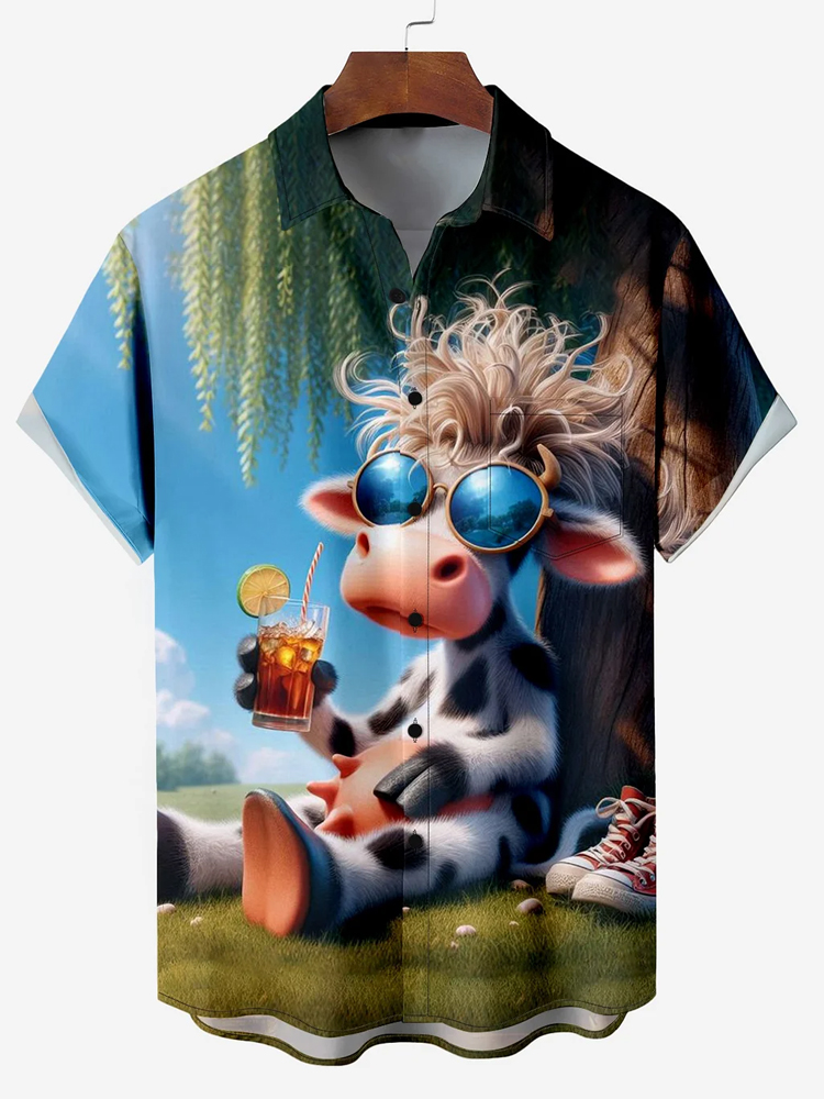 Men's Funny Animals Cow on Vacation Short Sleeve Print Shirt PLUSCLOTHESMAN