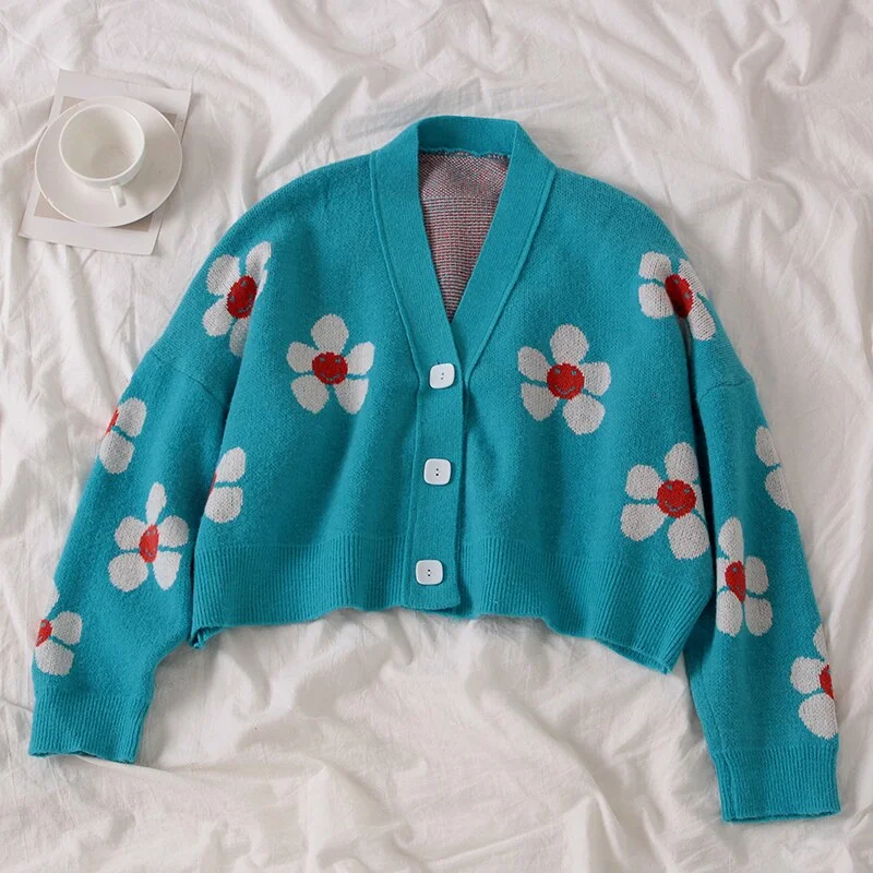 Spring Flower Knit Cardigans Sweater Women Vintage Style Elegant Coat Loose Print Short Tops Cute V-Neck Female Sweater Jacket