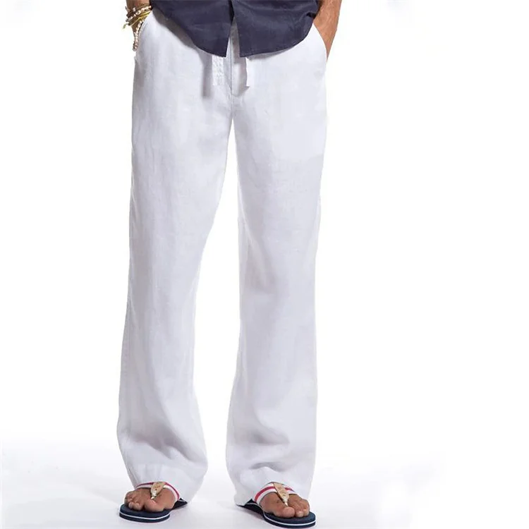 Men'S Solid Color Casual Cotton And Linen Drawstring Trousers