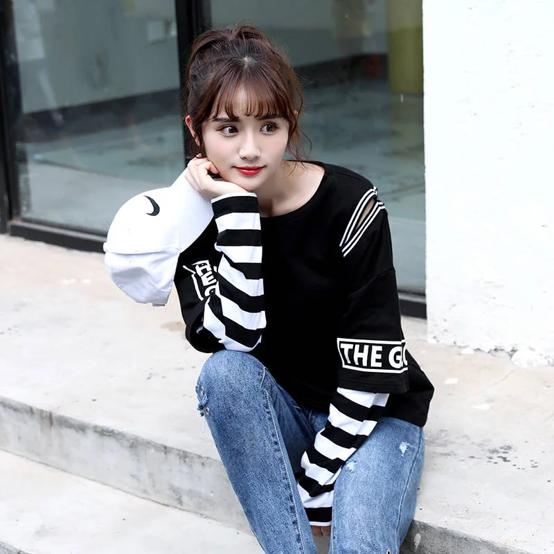2021 Japan Hip Hop T-Shirts Female Funny Casual Long Sleeve Strip Harajuku TShirt Streetwear Women Fake Two Piece T shirt Girls