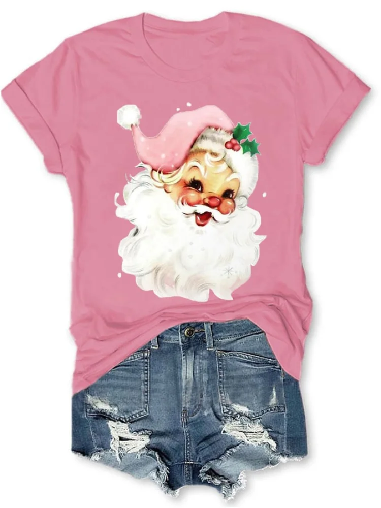 Christmas Retro Pink Santa Print T Shirt