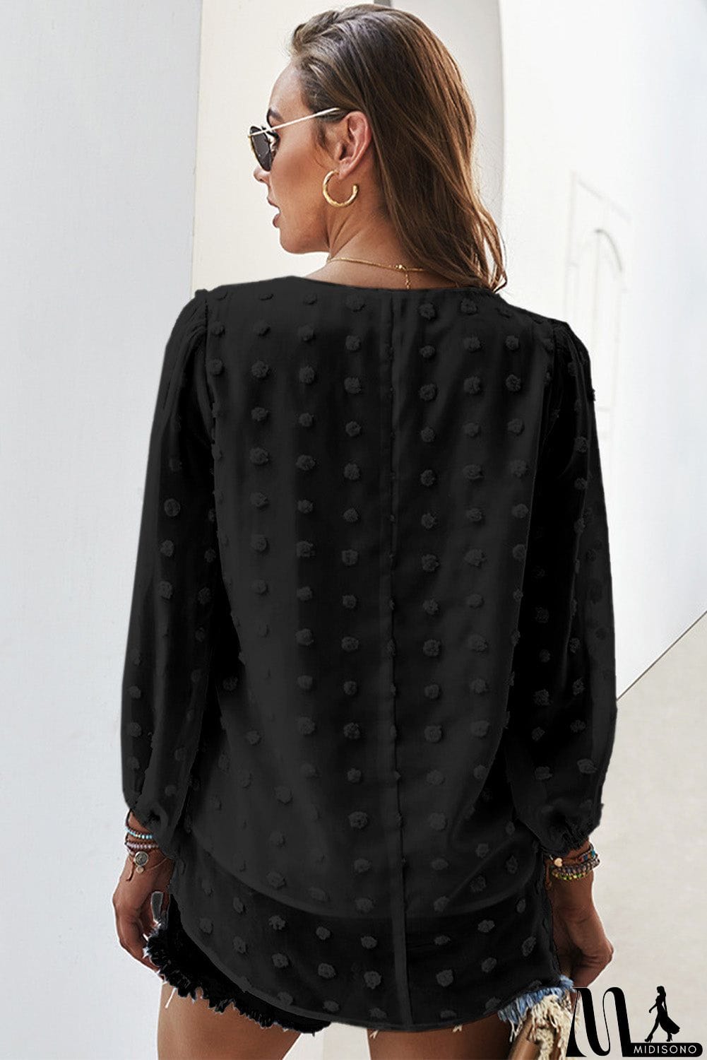 MidiSono - Swiss Dot Bubble Sleeve Blouse