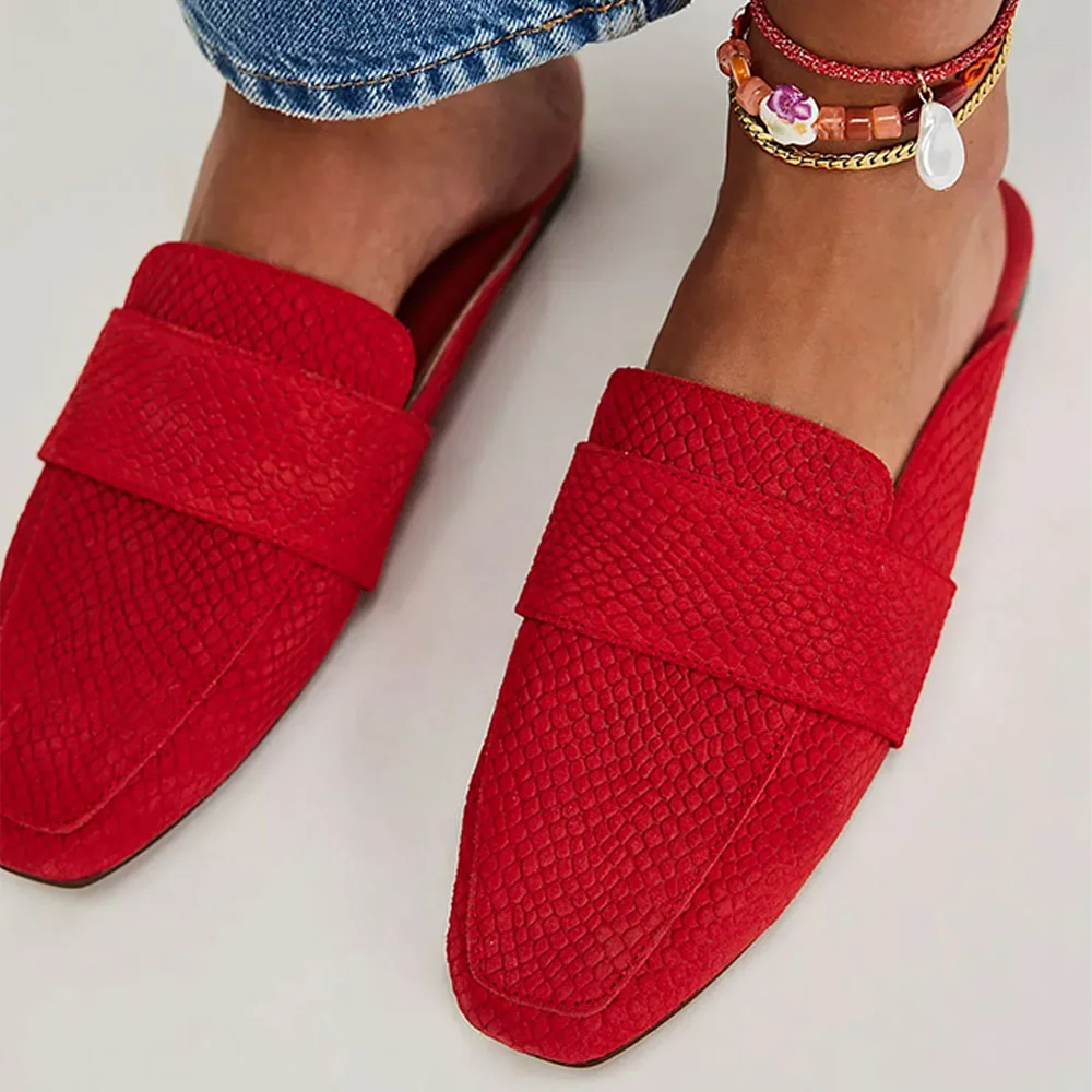 Red Vegan Suede Square Toe Snakeskin Embossed Loafer Flat Mules