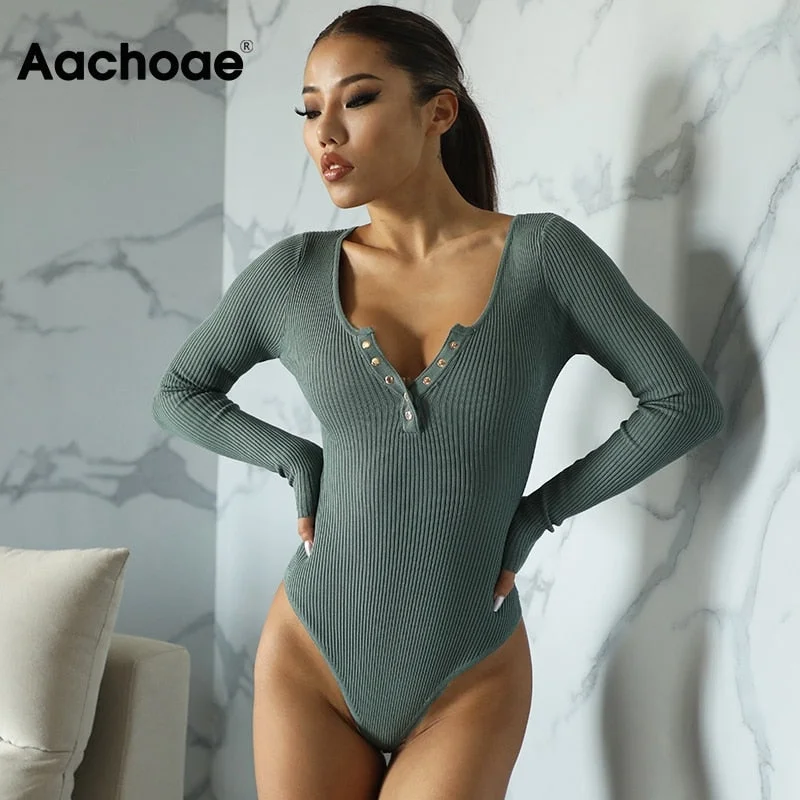 Aachoae Solid Knitted Bodycon Bodysuits Women Long Sleeve Home Jumpsuit Lady Sheath Sexy Body Suit Spring Combinaison Femme