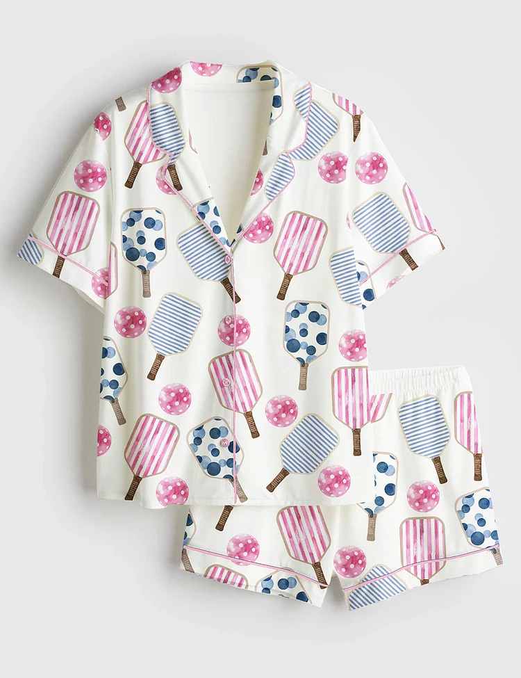 Women&rsquo;s Watercolor Stripes Pink And Blue Pickleball Paddle And Ball Short Sleeve Satin Pajama Set