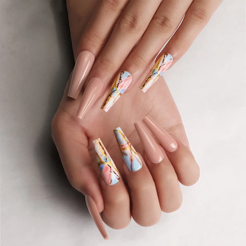 24pcs/box fake nails with glue designed colourful Gold thread rainbow paragraph press on nails coffin girls nail tips stick-on-Nail Inspo