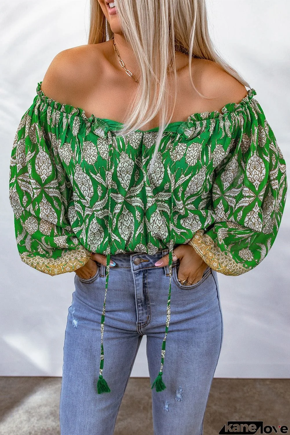 Floral Print Tassel Tie Off Shoulder Blouse