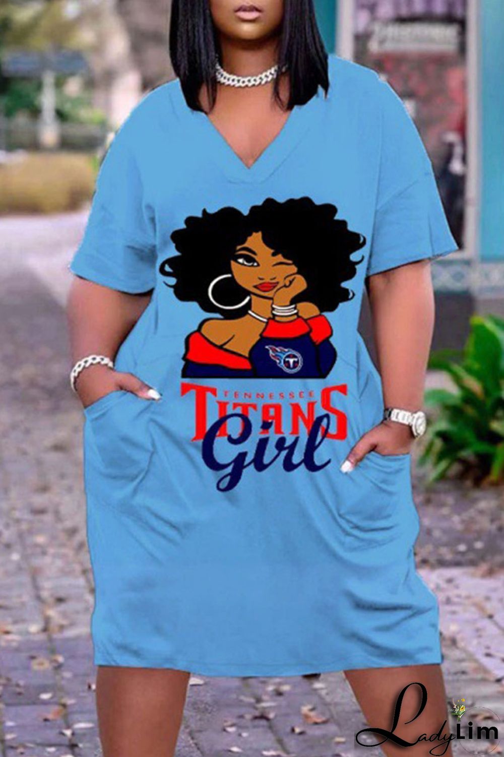 White Casual Print Split Joint Pocket V Neck Straight Dresses