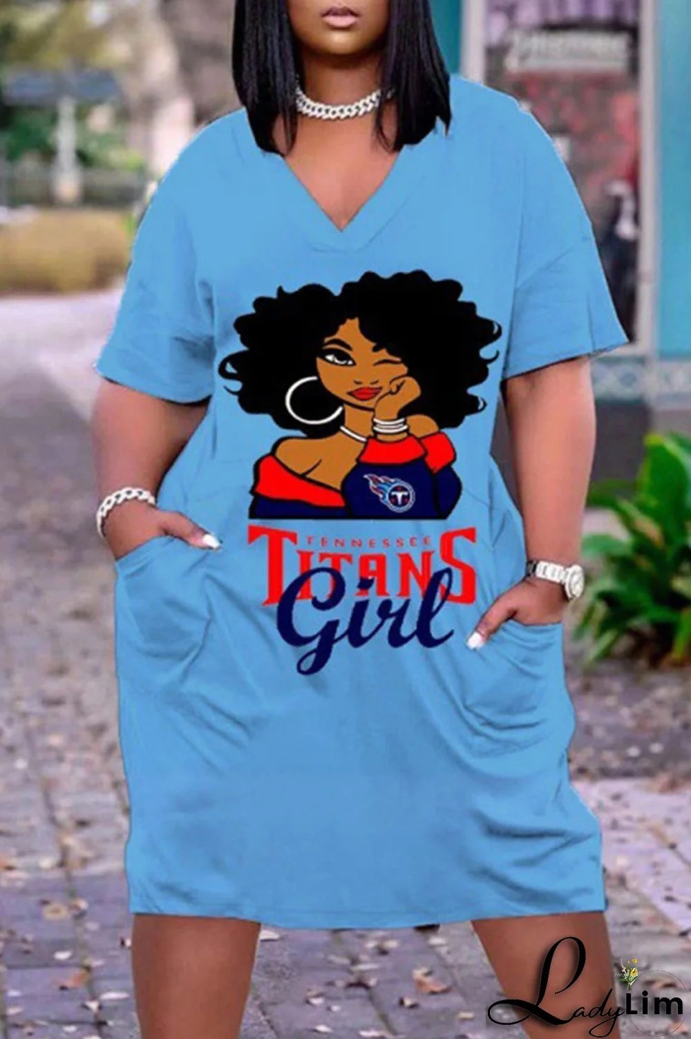 Blue Casual Print Split Joint Pocket V Neck Straight Dresses