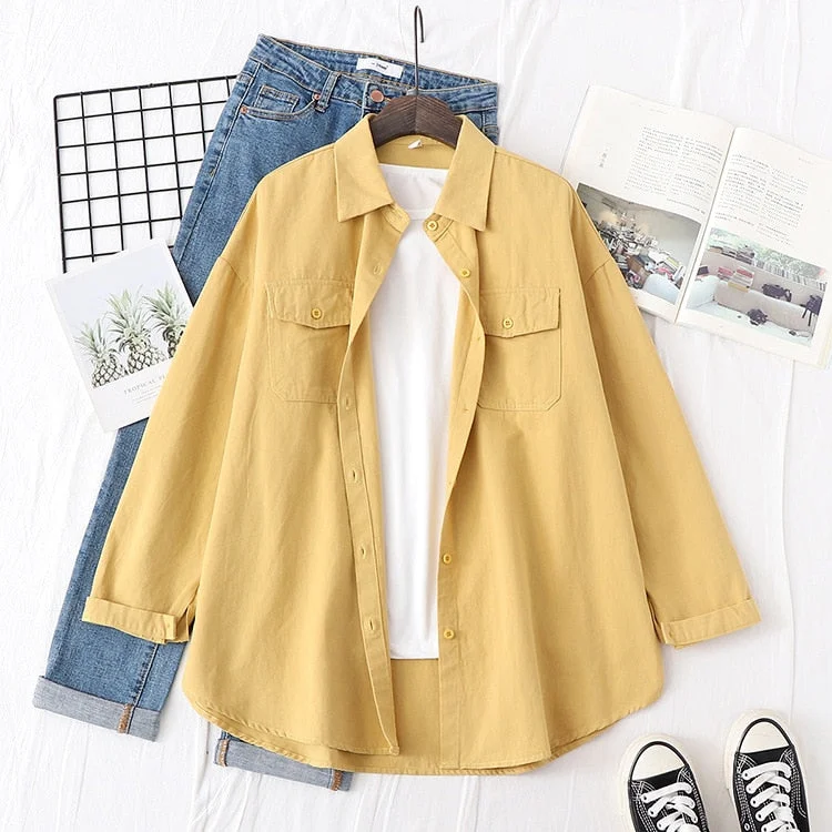 Loose Womens Shirts Autumn Blouses Casual Long Sleeve 100% Cotton Office Tops Blusas Female Clothes Double Pockets Solid Outwear