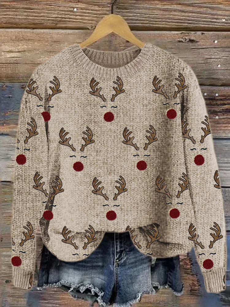 VChics Christmas Reindeer Faces Embroidered Cozy Knit Sweater