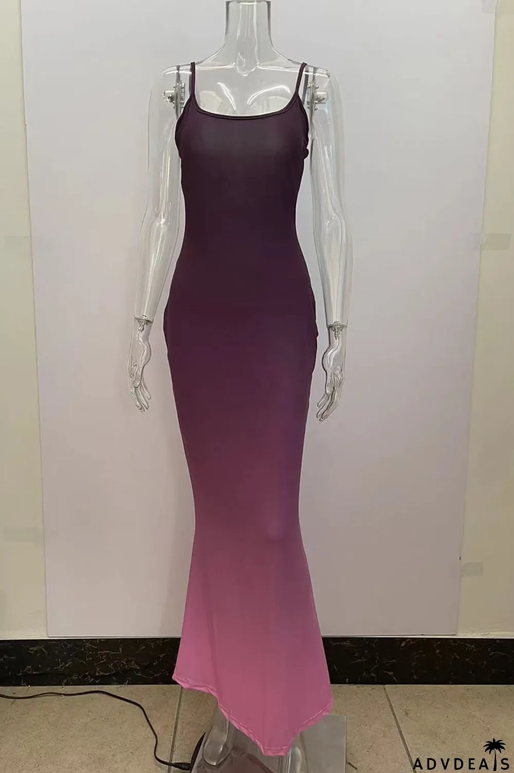 Rose Red Sexy Gradual Change Print Patchwork Spaghetti Strap Sling Dress Dresses