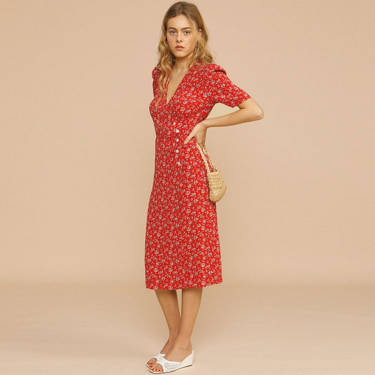 Women's Floral Print Puff Sleeve Button Trim French Wrap Midi Dress