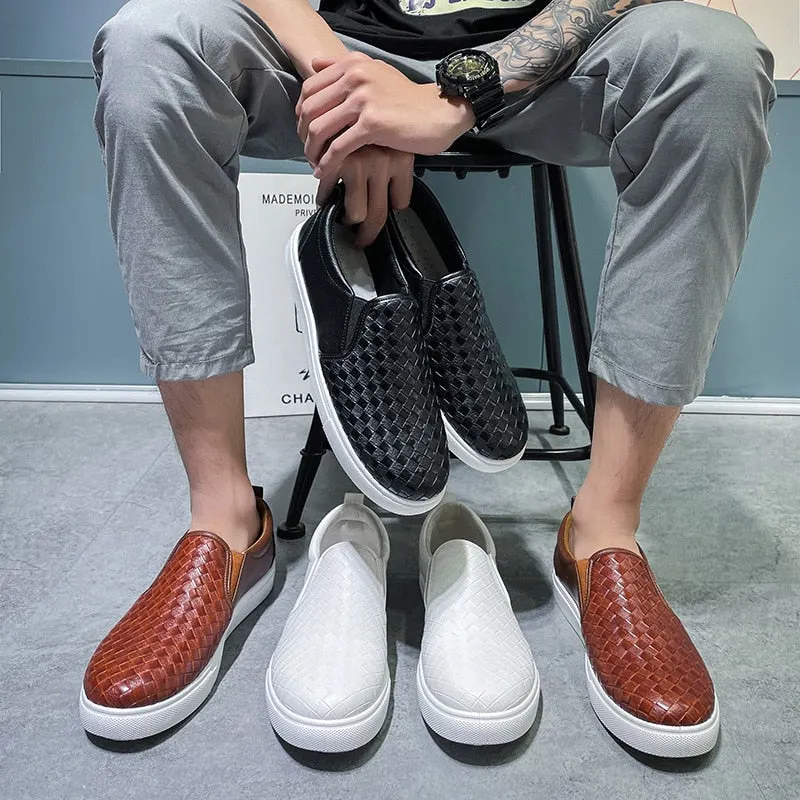 Plus Size 39-46 Men Casual Leather Loafers Slip On Weave Pattern Artificial Leather Low Heel Men Leather Moccasins