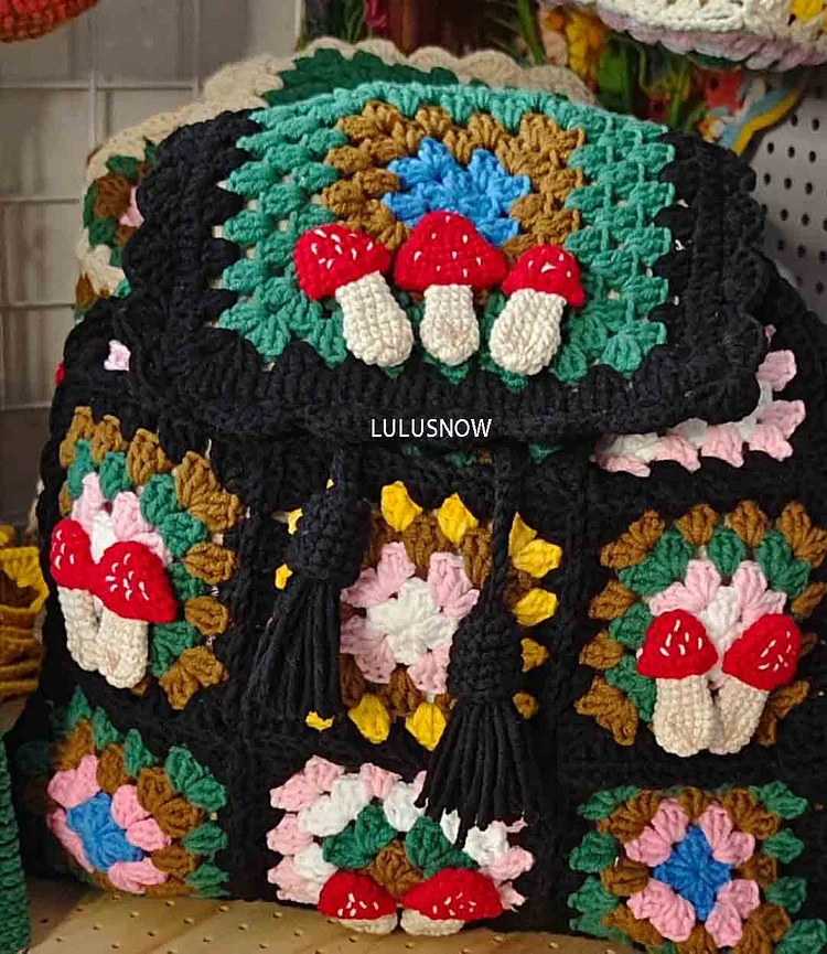 Lulusnow Handmade Mushroom Granny Square Crochet Backpack  Gift for MushroomLover Mother's Day Gifts