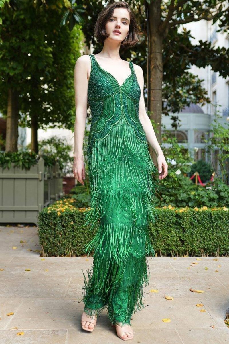 1920s Cocktail Party Green Sequin Double Layer Fringe Hot Drilling Bodycon Maxi Dress [Pre-Order]