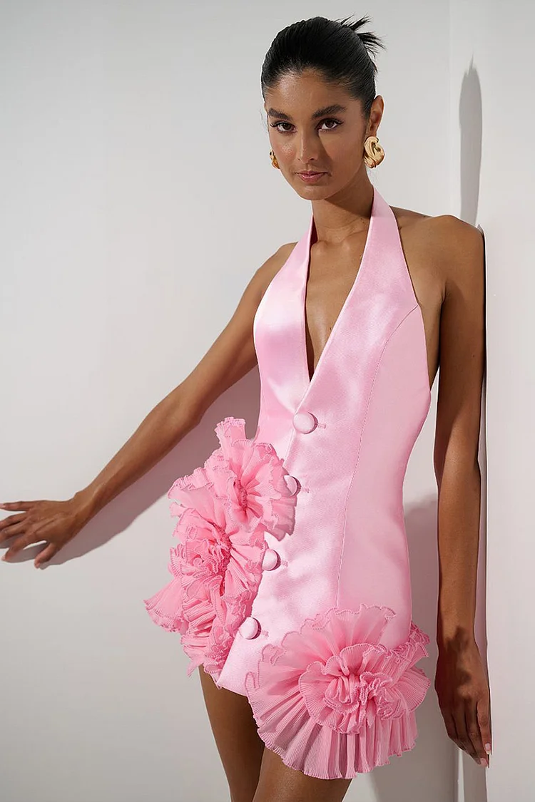 Ruffled 3D Floral Button Halter Mini Dress-Pink