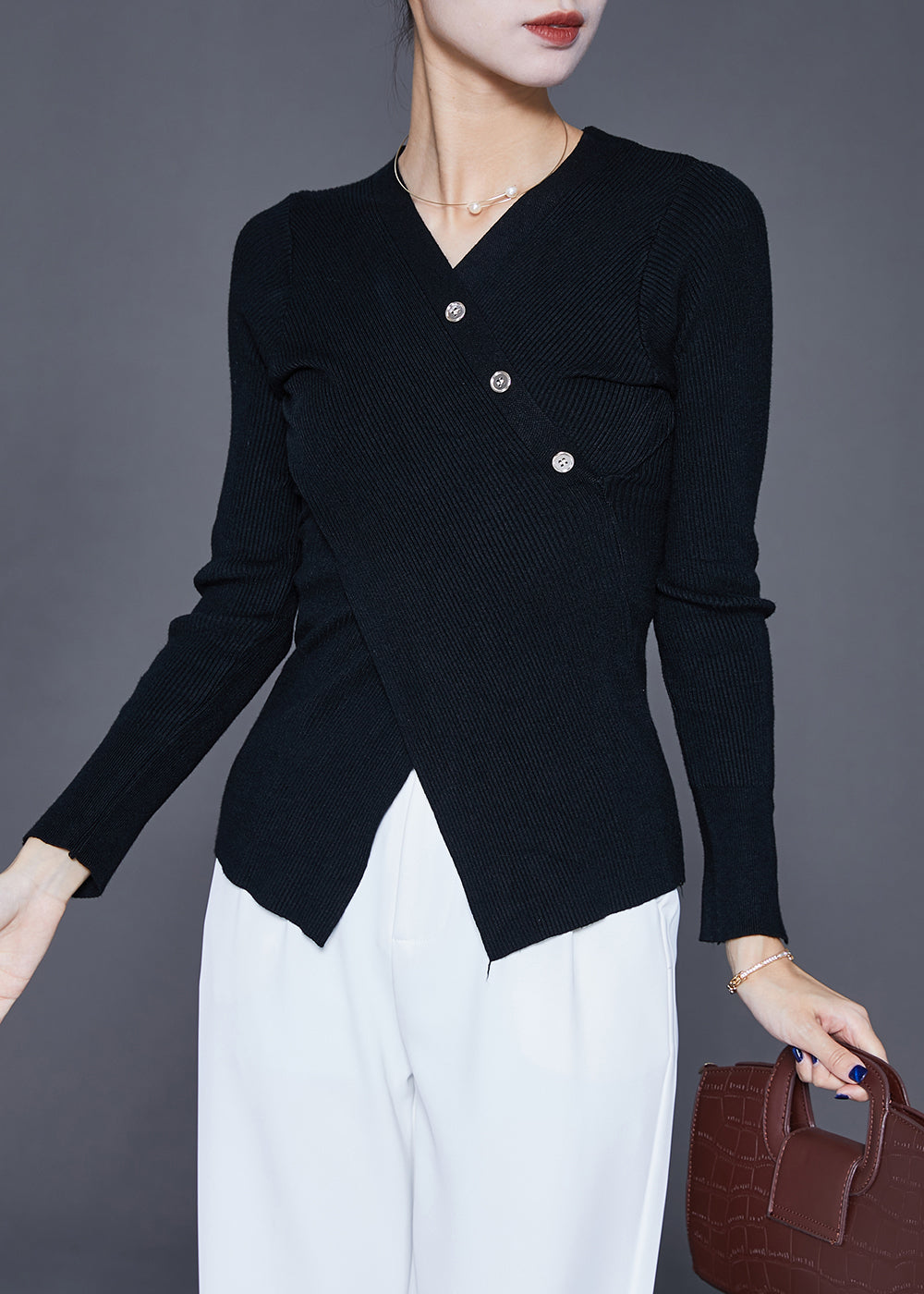 VCSHOES Black Asymmetrical Silm Fit Knit Sweater Fall