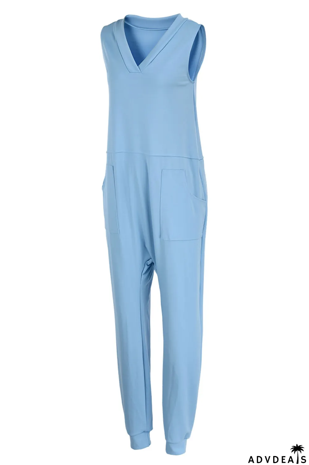 Rose Red Casual Solid Split Joint V Neck Straight Jumpsuits