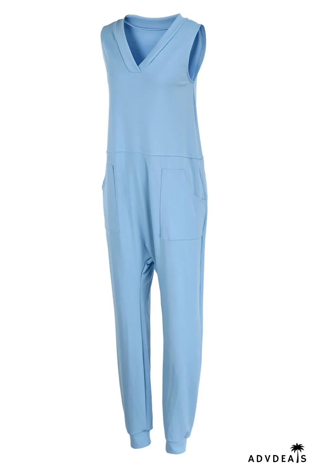 Rose Red Casual Solid Split Joint V Neck Straight Jumpsuits