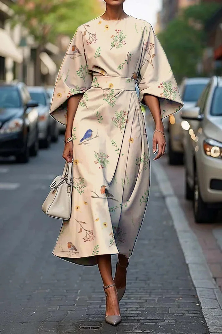 Women's Vintage Elegant Floral Robin Print Midi Dress
