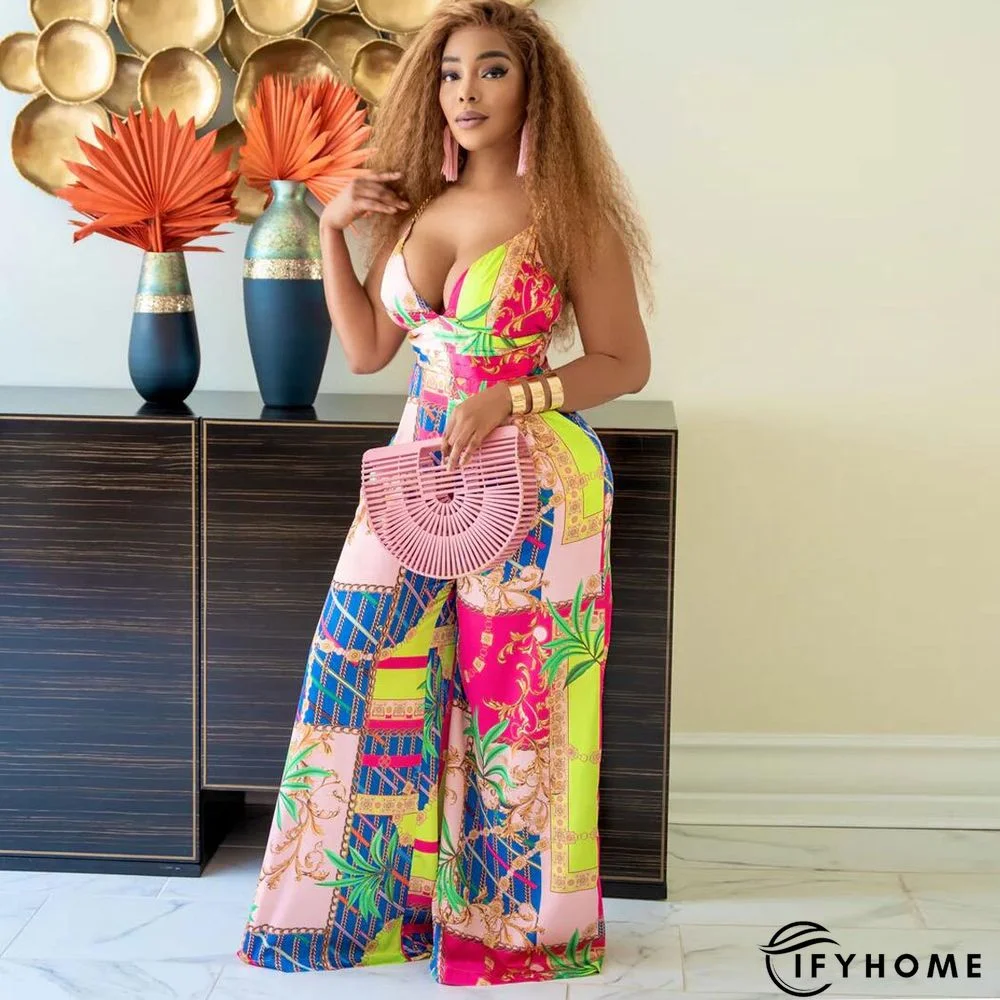 Sexy Printed Suspenders And Metal Chain Wide-leg Jumpsuit | IFYHOME