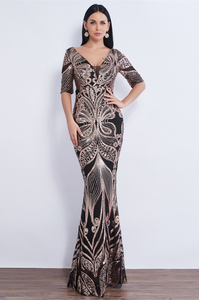 Modern Half Sleeve Sequins Prom Dress Mermaid Long Evening Gowns Online