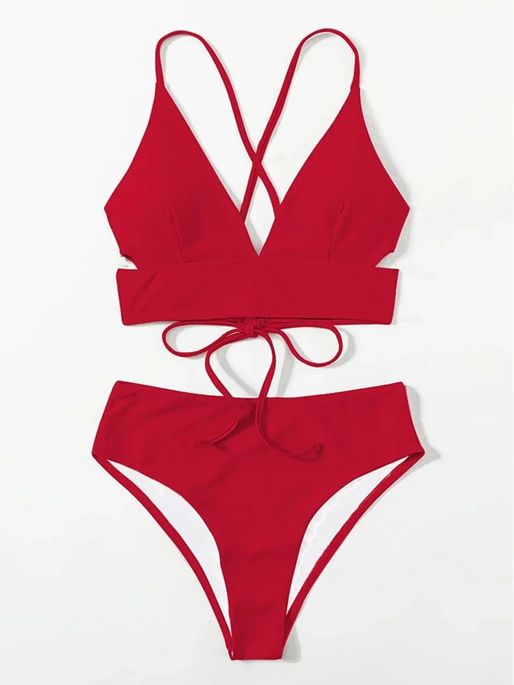 INGAGA High Waist Bikini Sexy V-neck Swimwear Women Lace Up Swimsuits 2022 New Solid Biquinis Set High Cut Bathing Suits Women