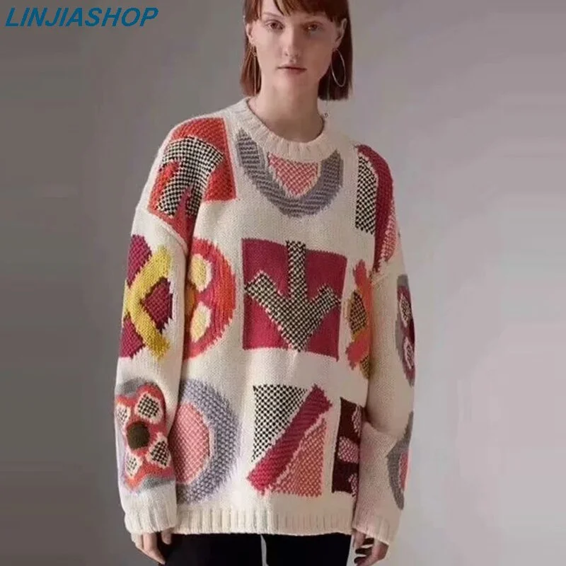 Super chic autumn winter women sweater jumper patchwork pullovers long sleeve o neck high fashion Christmas sweater