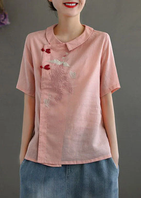 Women Pink Peter Pan Collar Embroideried Linen Blouse Tops Spring