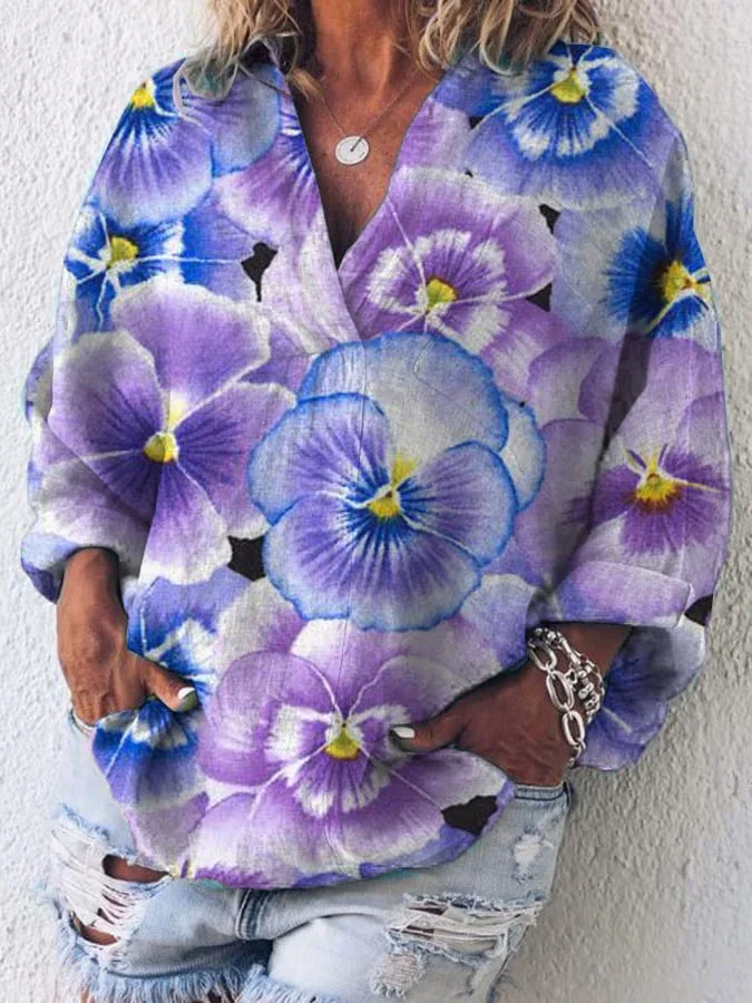 Women's Cotton And Linen Purple Floral V-Neck Top socialshop