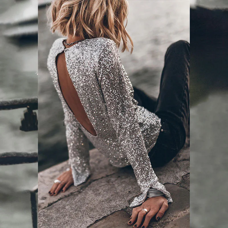 Uveng Uveng Autumn Women's Street Solid Color Round Collar Back Hollow Sequin Jacket 661