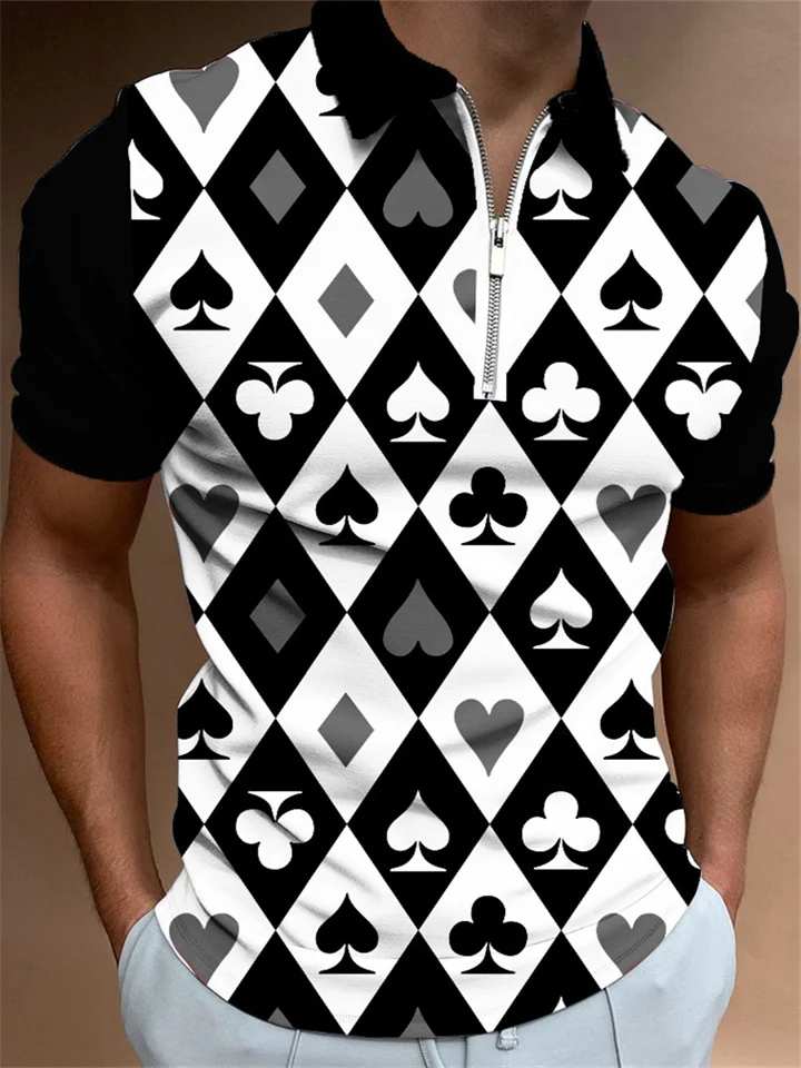 Men's 3D Poker Pattern 3D Printing Zipper Polo Shirt 3D Digital Printing Short Sleeve Loose Lapel Polo Shirt-Cosfine