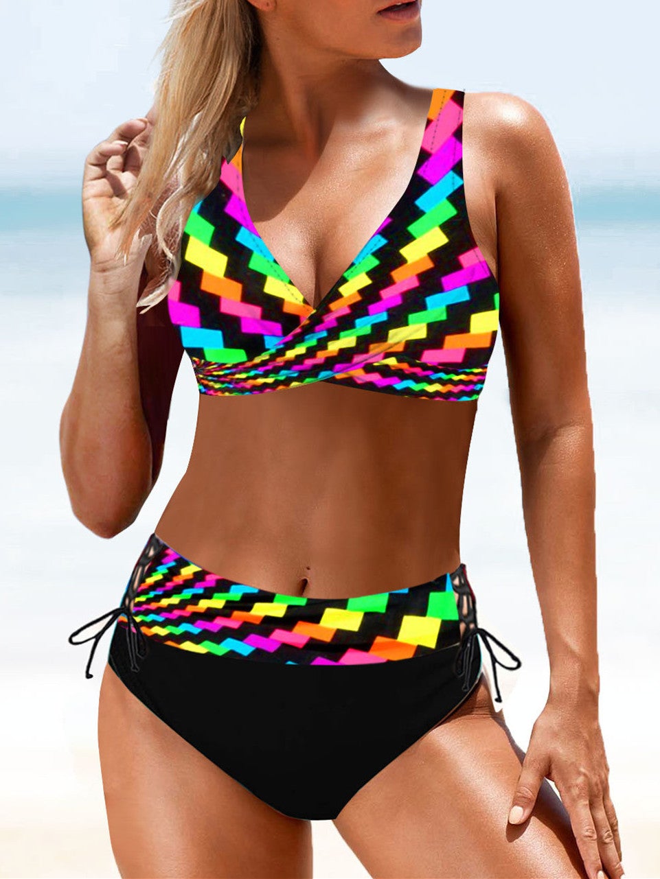 Women Sleeveless V-neck Striped Printed Bikini Swimwear