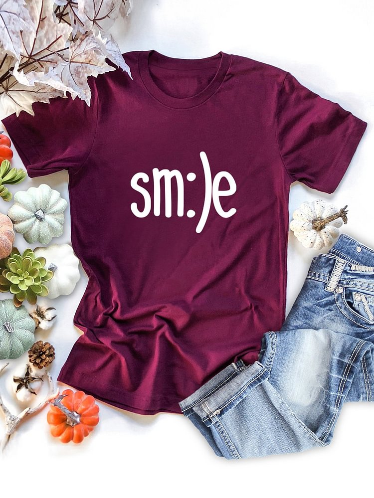 Bestdealfriday Smile Printed Round Neck Cotton T-Shirt 9558992